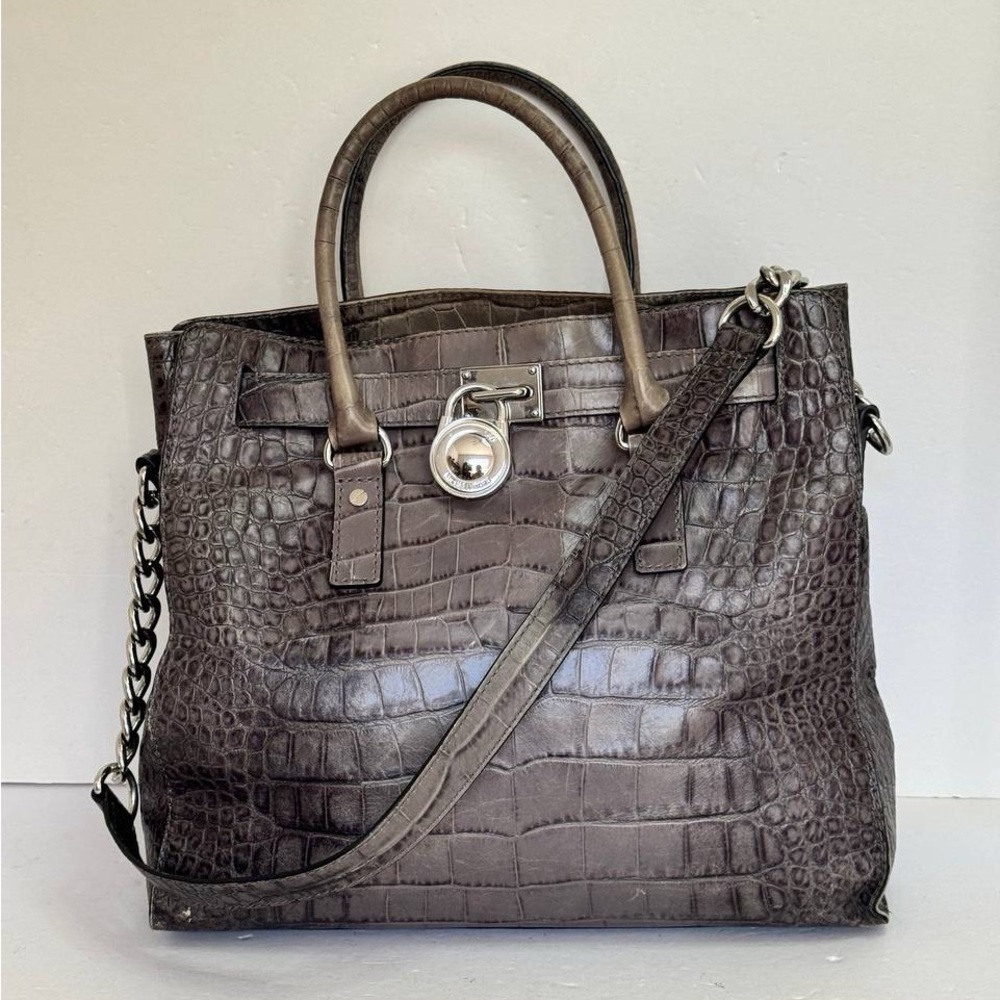 Michael Kors Hamilton Crocodile Gray Embossed Purse Handbag Shoulder Bag Satchel